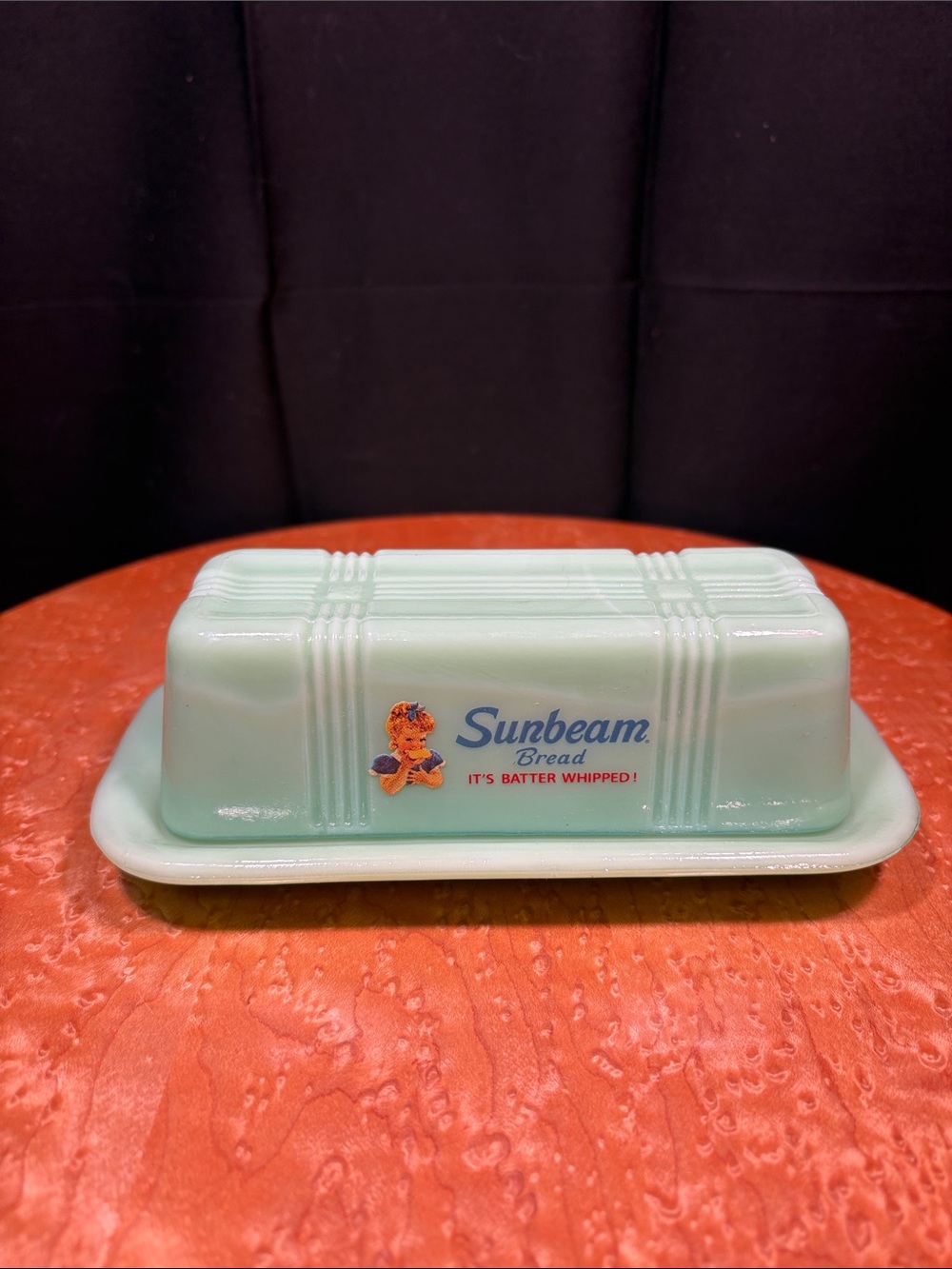 Sunbeam Bread Jadeite Green Glass Crisscross Butter Dish Reproduction